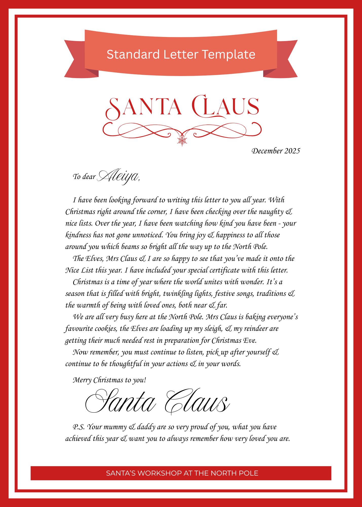 Letters from Santa and Nice List Certificate - Standard letter with Standard P.S. Message